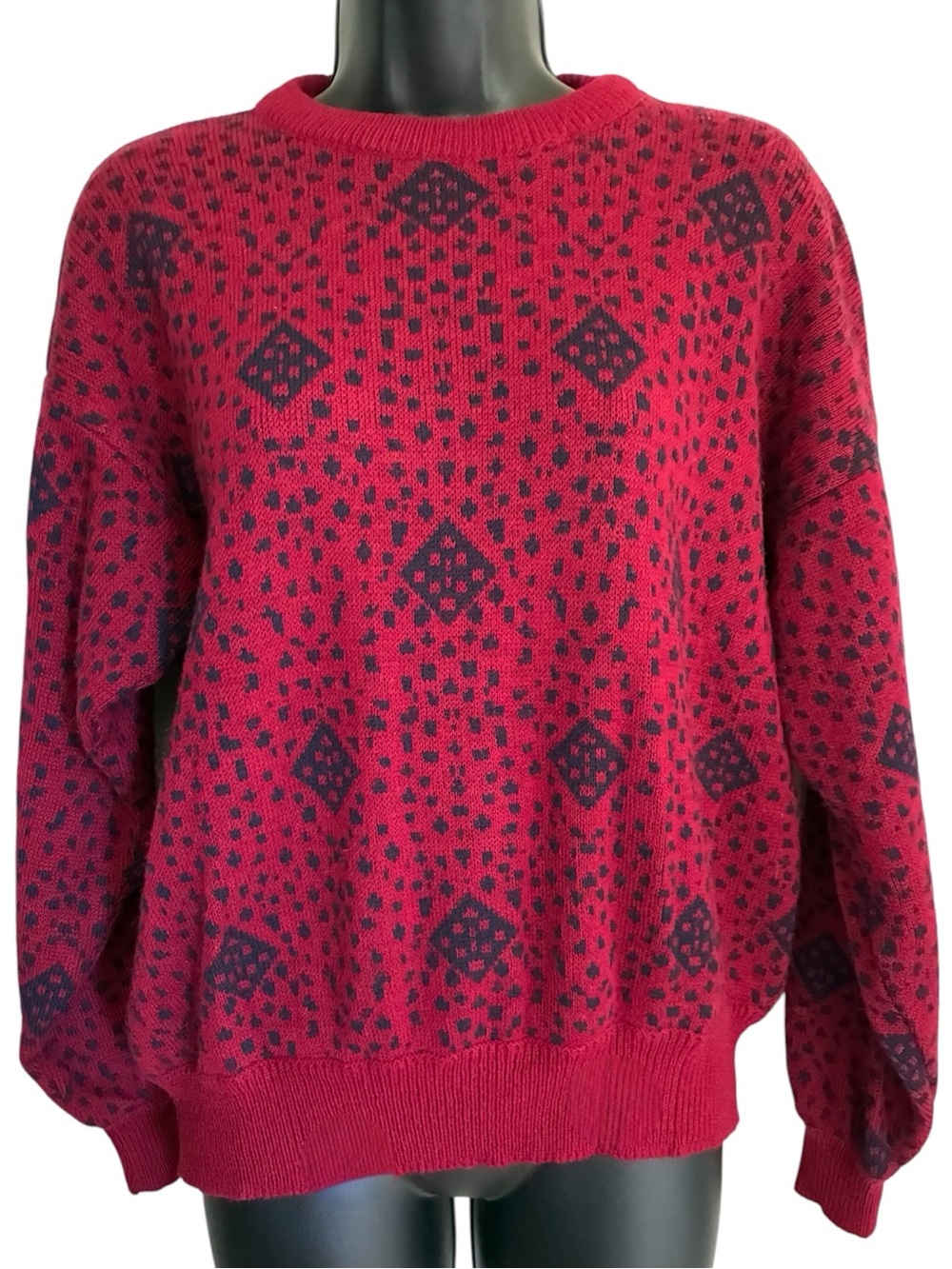 Vintage 90s Wrangler Red and Navy Geometric Crewneck Indie Grandpa Sweater Sz M